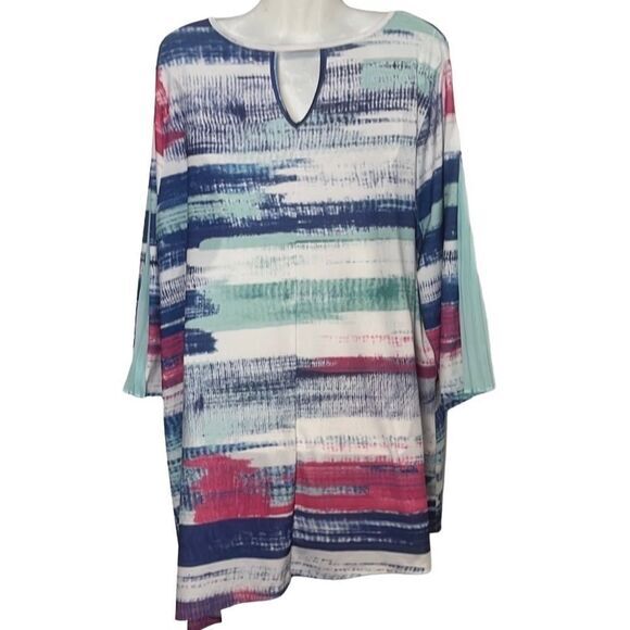 CJ Banks Tunic 2X multi color keyhole back V-neck pleat sleeve inserts bling - Picture 2 of 8